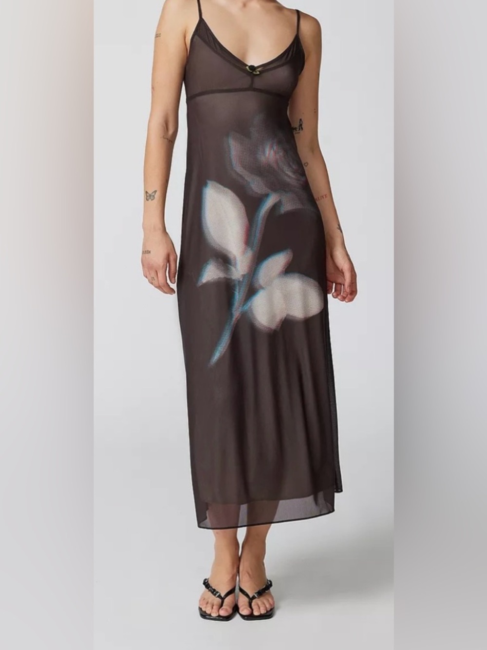 Maxi Slip Dress Kimchi Blue Ginnie Printed Mesh M Floral Brown Botanical Summer - Picture 12 of 12